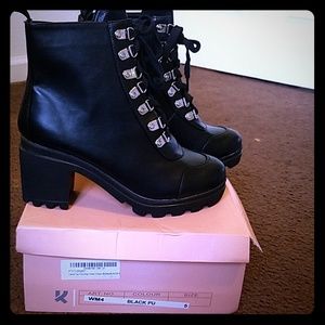 Lace up, chunky heel booties